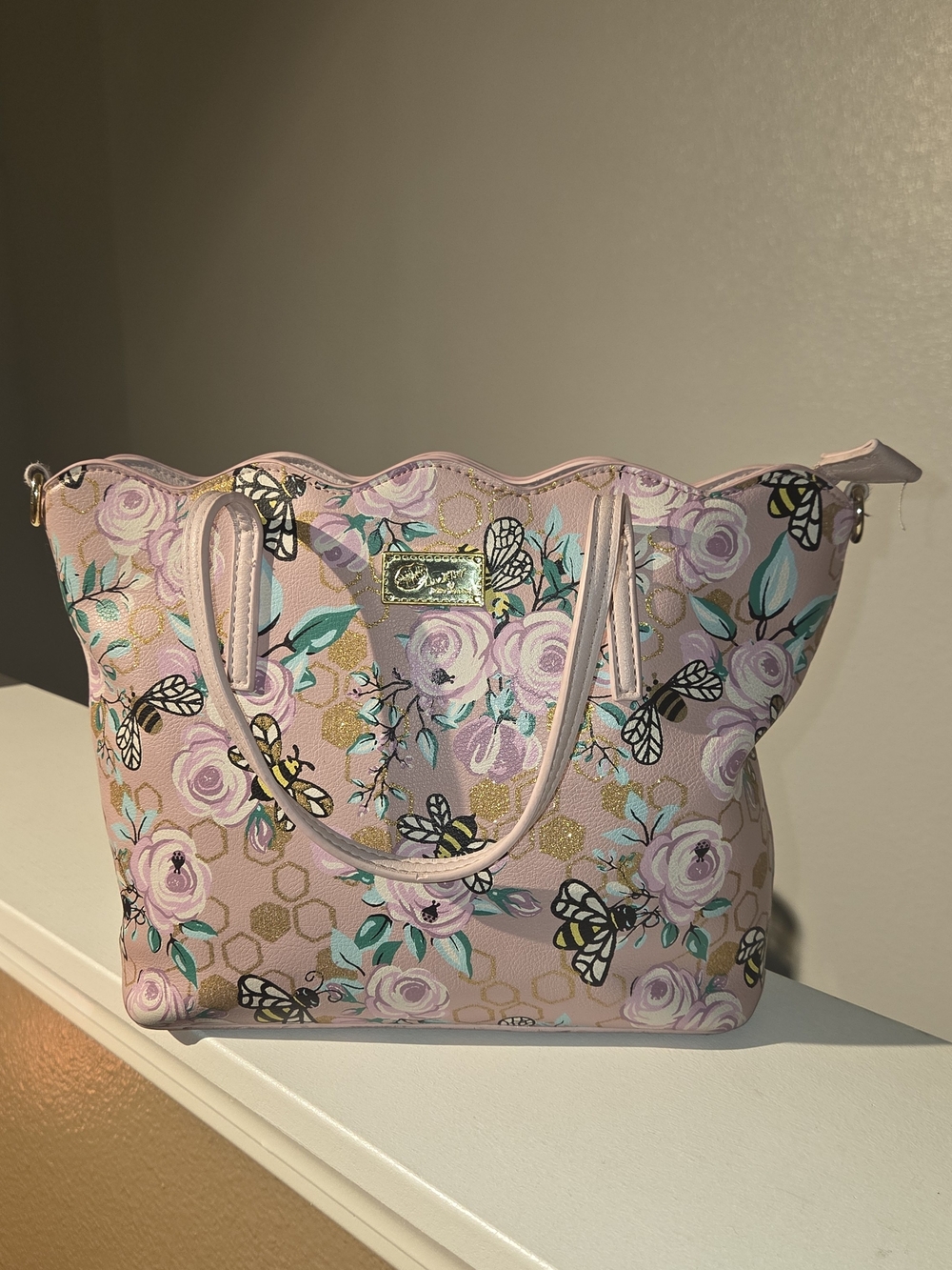 Betsey Johnson Pink Floral & Bee Tote with Scalloped Top